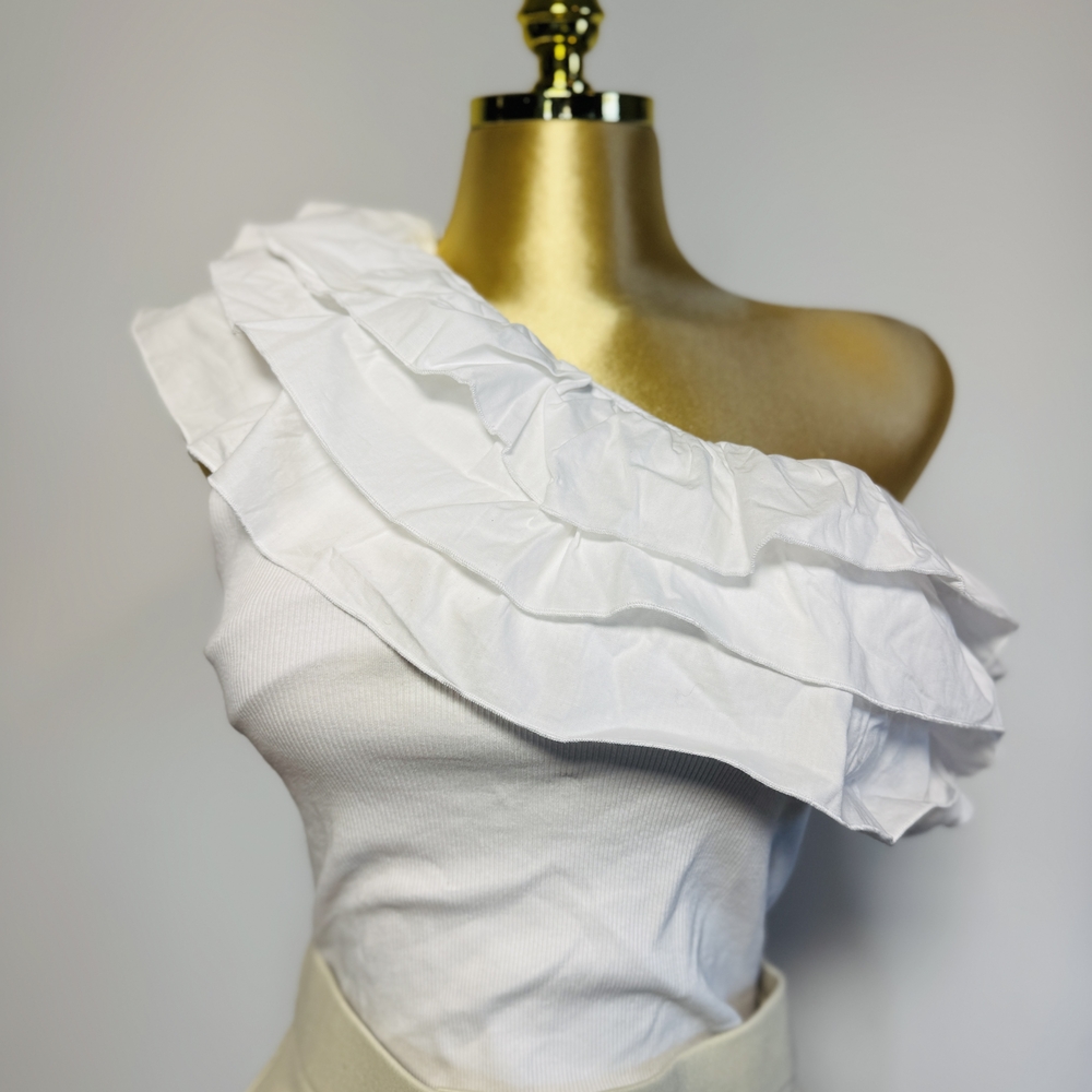 Zara White Ruffled One-Shoulder Bodysuit Top